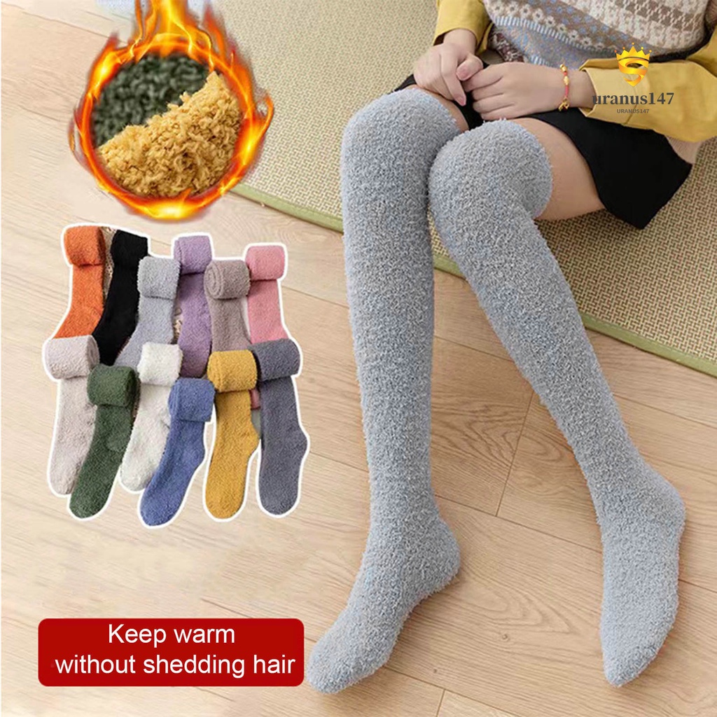 1 Đôi Tất Lông Cừu San Hô Dày Dài Qua Gối Màu Trơn Giữ Ấm Mùa Thu Đông Phong Cách Nhật Bản Cho Nữ