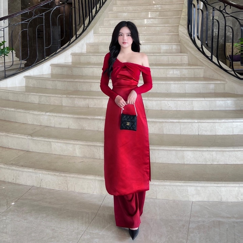 Áo Dài Trễ Vai Kèm Quần Lụa Lypstudio Tết✨