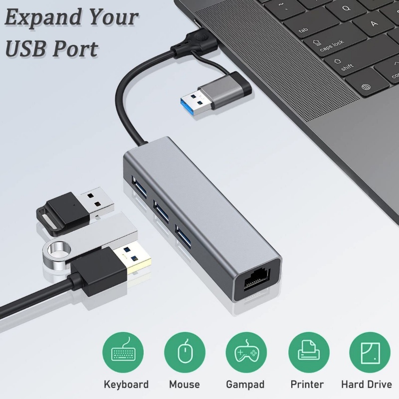 Đầu Chuyển Đổi USB type c Sang Ethernet 3 Cổng USB 3.0 RJ45 1000Mbps Lan Cho PC Windows Mac OS / type c | BigBuy360 - bigbuy360.vn