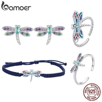 Set dây chuyền bạc 925 BAMOER hình chuồn chuồn nhiều màu sắc thời trang cho nữ sinh