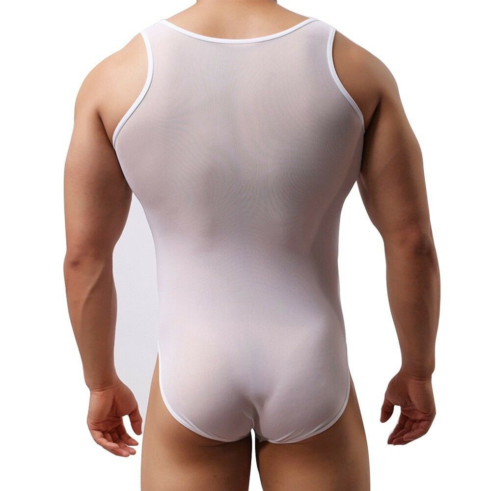 Men Leotard Black/White Bodysuit Sheer Sleeveless Jockstrap Bulge Pouch Brief Underwear