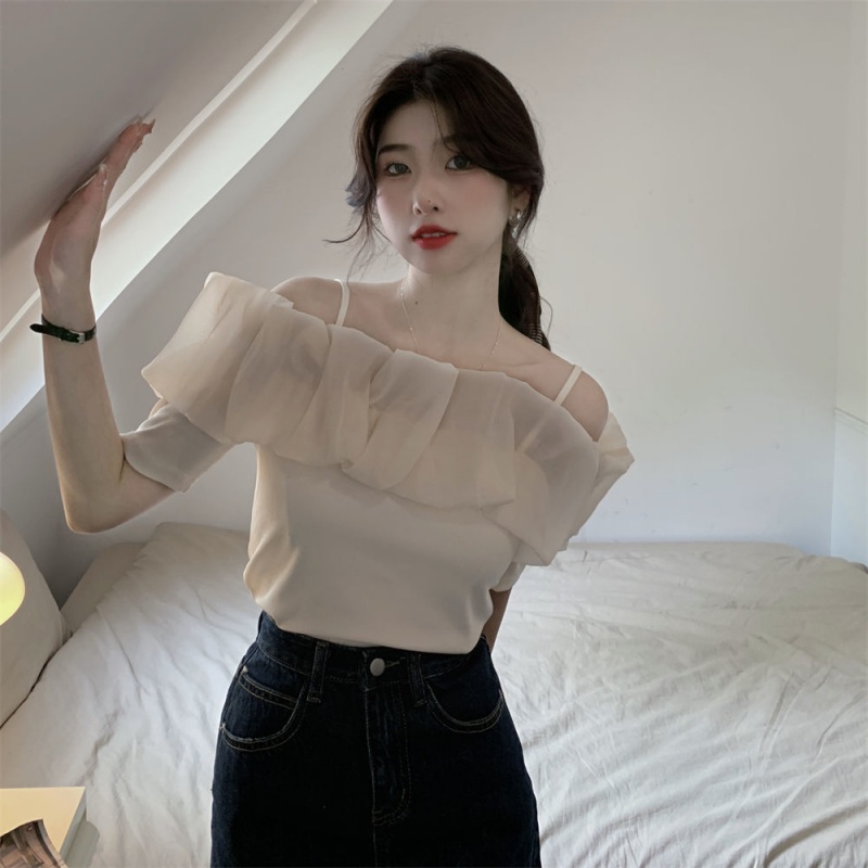 Áo dây áo bẹt vai áo trễ vai Áo Chiffon Trễ Vai Nhún Bèo Dáng Ngắn Thời Trang Cho Nữ