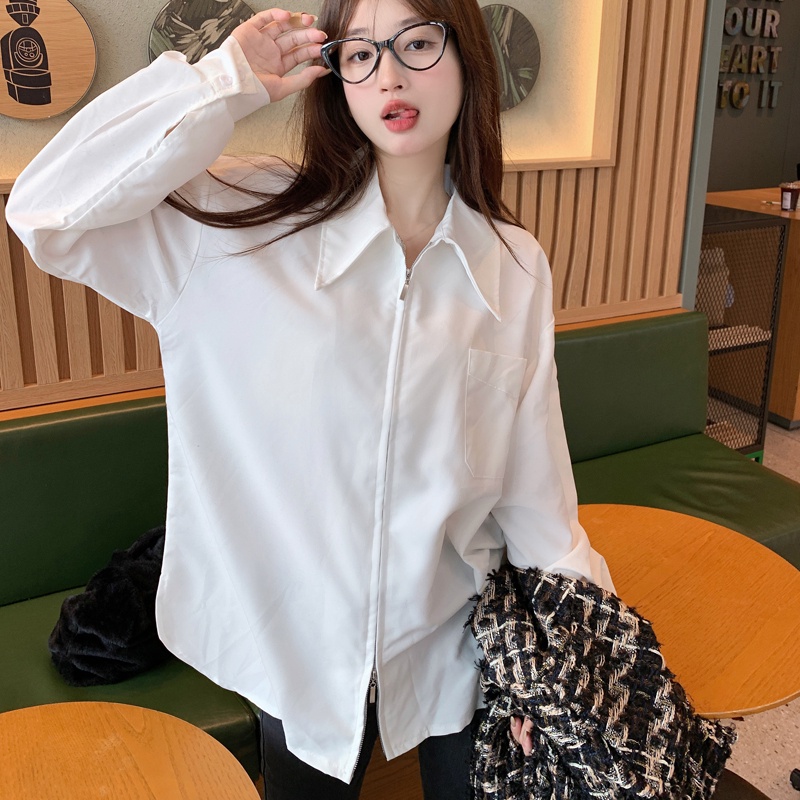 Áo sơ mi SUXI tay dài cổ polo dáng ôm phối khóa kéo thời trang xuân thu cho nữ