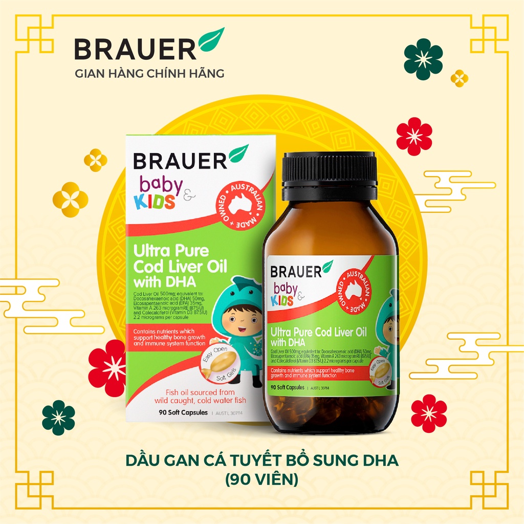 Vitamin BRAUER Baby & Kids Ultra Pure Cod Liver Oil with DHA - Bổ sung DHA tinh khiết cho trẻ từ 1 tuổi (90 viên nang)