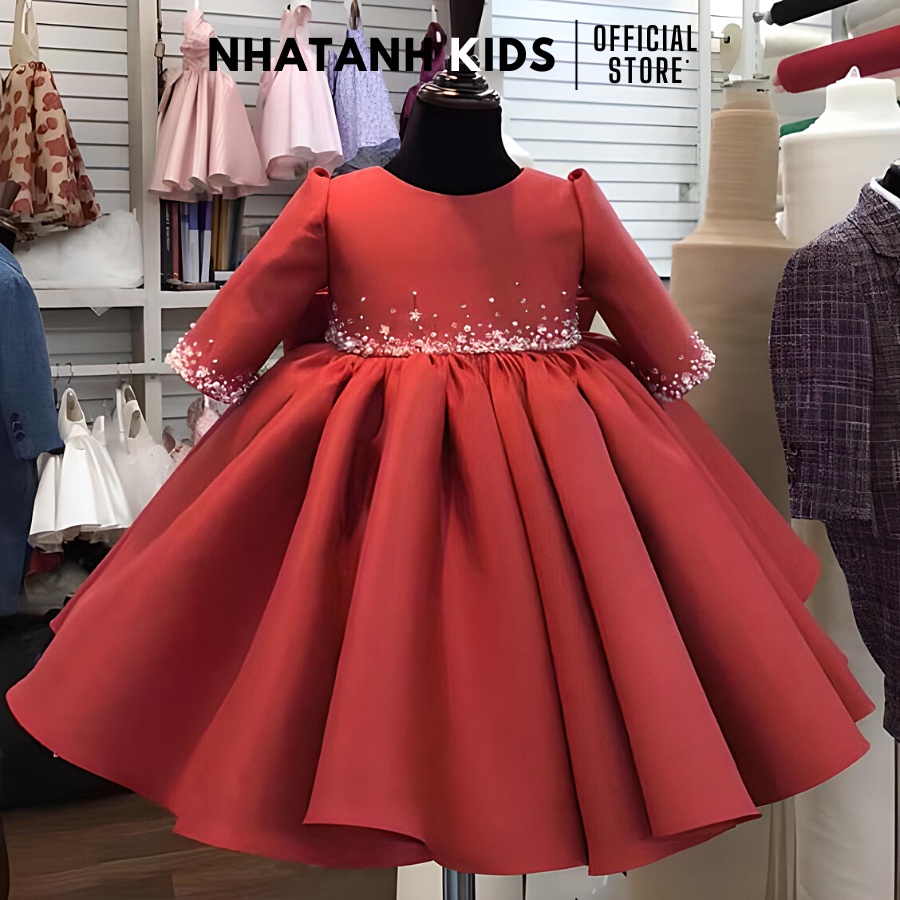 Váy trẻ em NHATANH KIDS màu đỏ tay dài đính ngôi sao cho bé hợp các dịp lễ từ 0-12 tuổi NA13