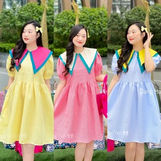Váy babydoll đũi mềm kẻ cổ vạt công chúa tiểu thư