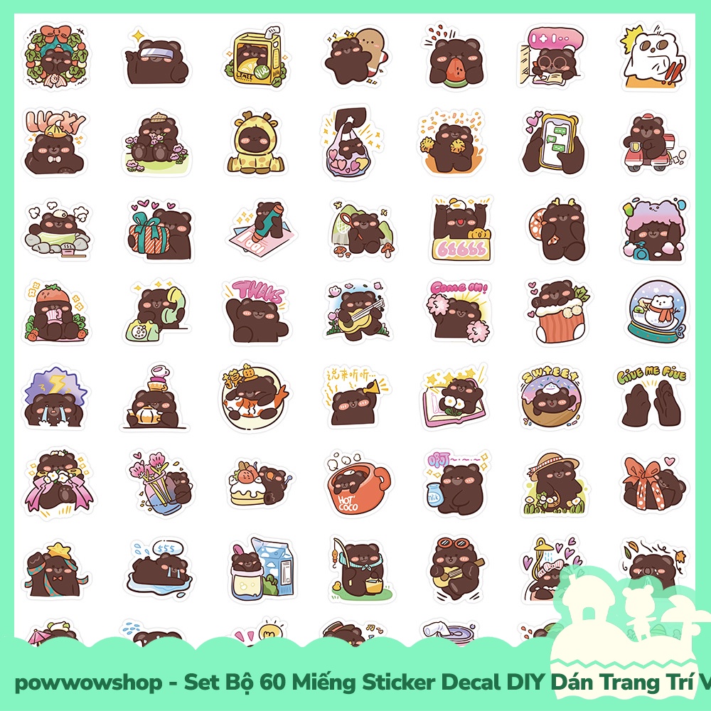 [Sẵn VN - Hỏa Tốc] Set Bộ 60 Miếng Sticker DIY Chống Thấm Nước Dán Trang Trí Vật Dụng Phong Cách Hoạt Hình Brown Bear