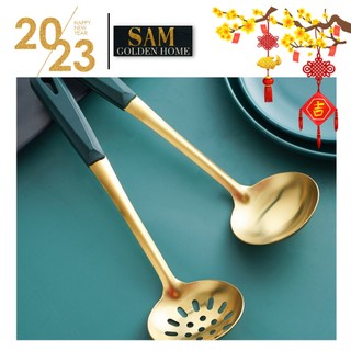 Muôi vá múc canh vàng inox 304 siêu bền cao cấp cán xanh lá cổ vịt emerald
