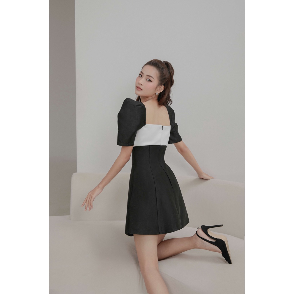Anis_ Đầm Tiểu Thư Phối Hai Màu Form A Tôn Dáng Bowl Dress, Váy Cổ Vuông Tay Phồng