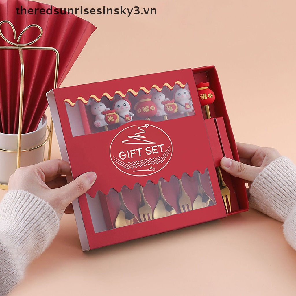 * * Mèo * * Bộ Muỗng Nĩa Ăn Tráng Miệng Hình Thỏ Hoàng Đạo Năm Mới Trung Hoa Làm Quà Tặng