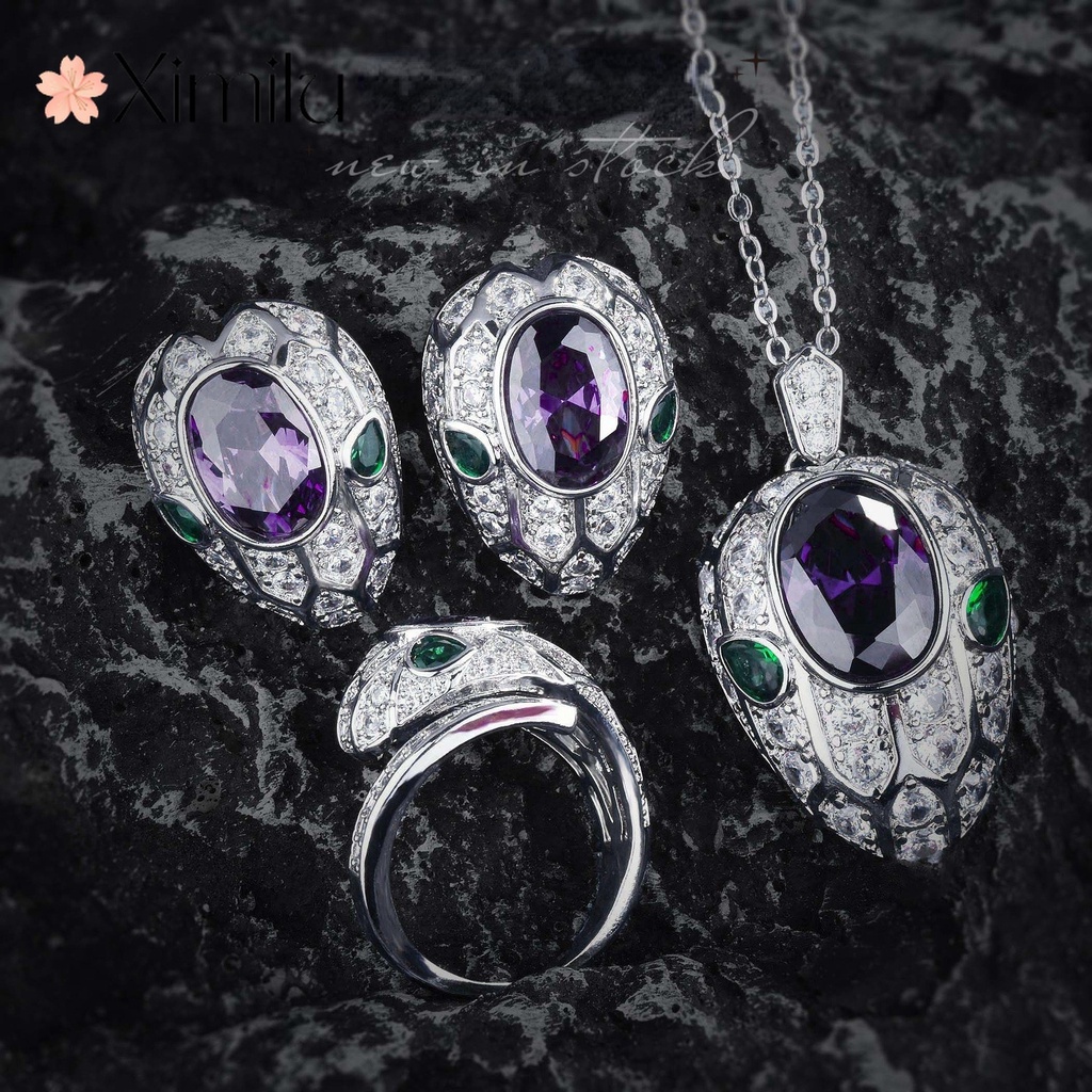 ♥Bộ Trang Sức Dây Chuyền Bông Tai Mạ Bạc 925 Hình Rắn Đính Đá Thạch Anh Tím Sang Trọng Cho Nữ
