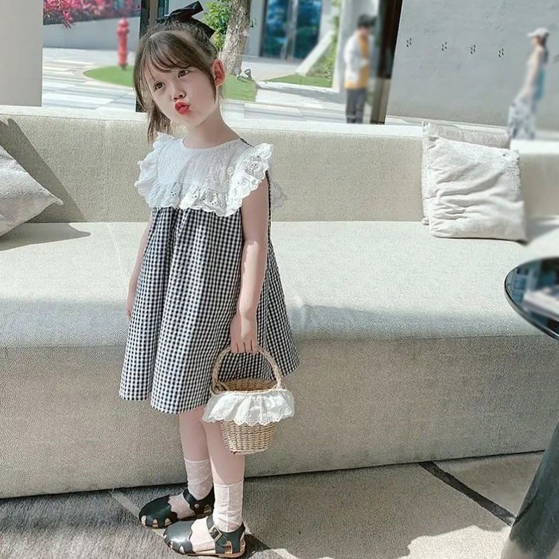 Đầm Công Chúa Cổ Tròn Phối Ren Họa Tiết Sọc Caro Ngọt Ngào Thời Trang Mùa Hè Cho Bé Gái