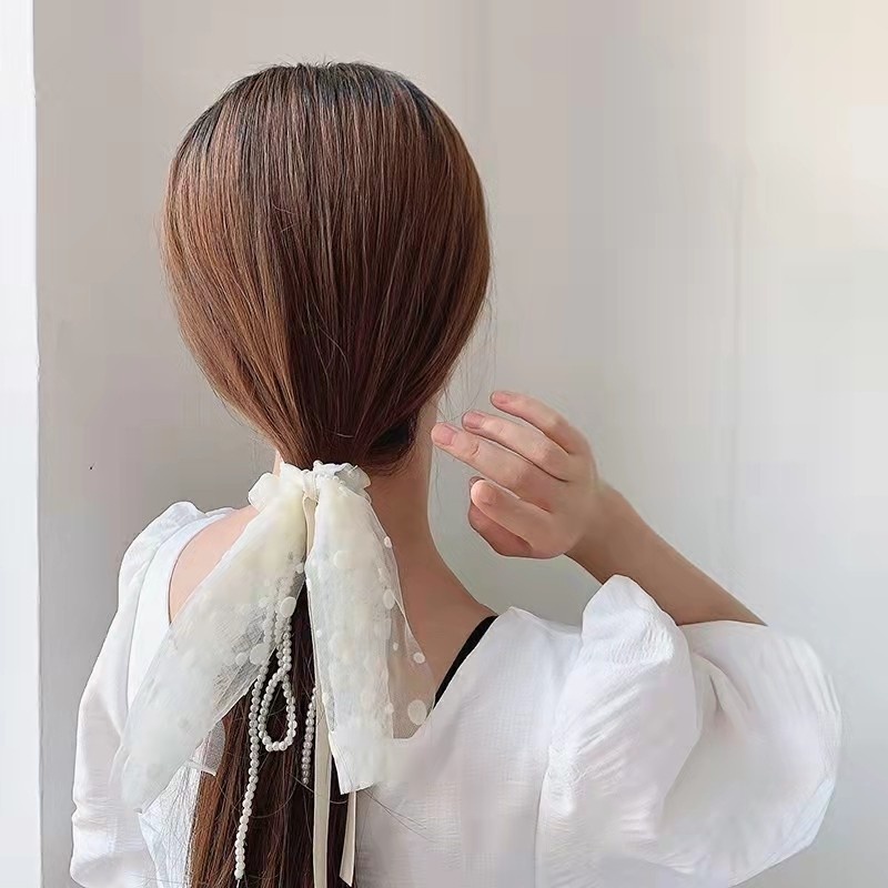 Dây Buộc Tóc Đính Ngọc Trai Và Nơ Phong Cách Hàn Quốc Cho Nữ