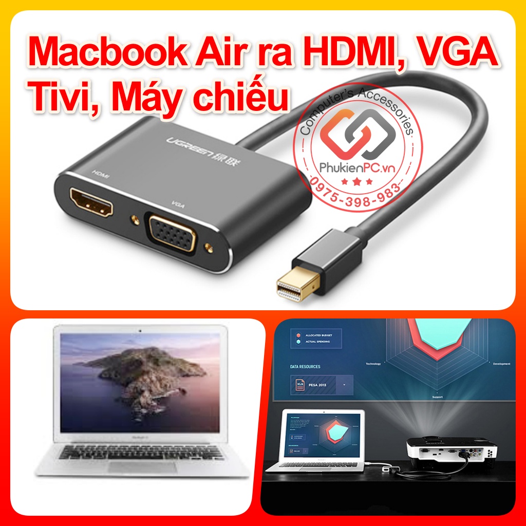 Cáp chuyển Macbook Air ra HDMI VGA TIVI, MÁY CHIẾU. Mini Displayport Thunderbolt to HDMI, VGA  Adapter chính hãng Ugreen