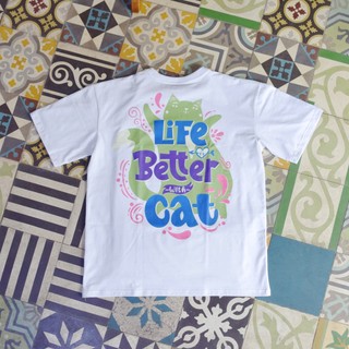 Áo thun cotton LIFE BETTER WITH CAT