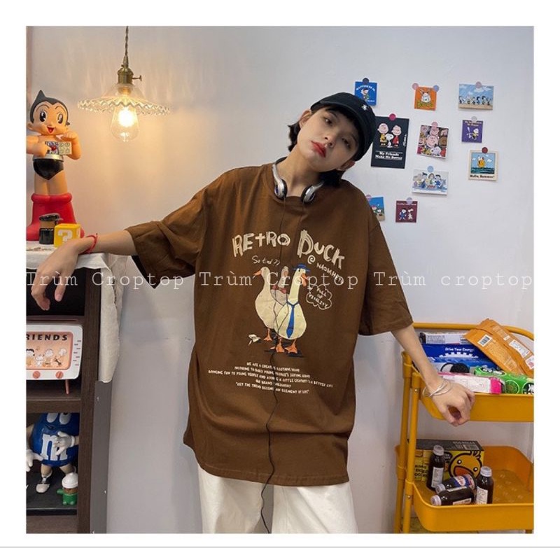 Áo thun tay lỡ in hình vịt Retro Duck màu nâu , Áo phông rộng form unisex dáng basic nam nữ