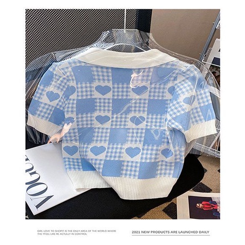 Áo loang màu áo croptop Áo polo Dệt Kim Tay Ngắn Họa Tiết Sọc Caro Phong Cách Preppy Ngọt Ngào