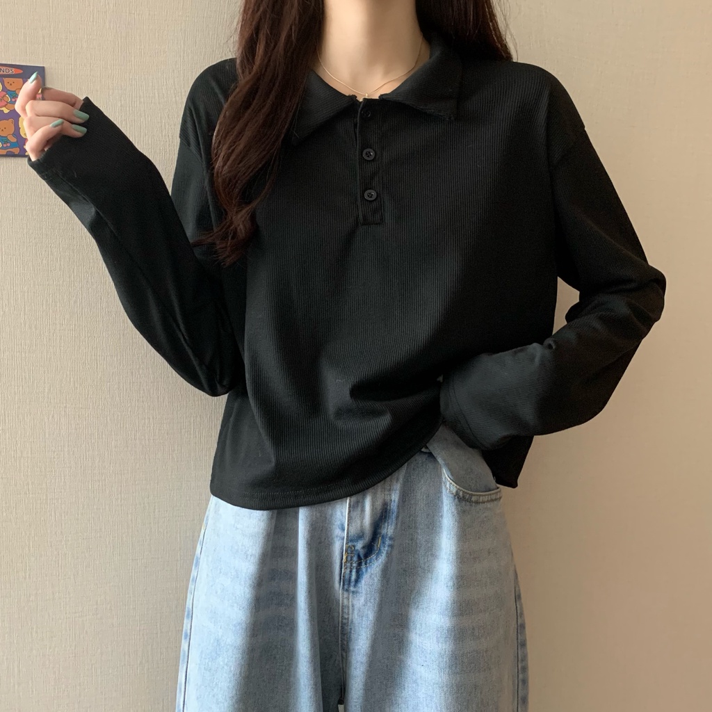 Áo Polo nữ dài tay thu đông A068 vải cotton cá sấu thun dài tay cao cấp dáng rộng 2 màu basic dễ phối đồ