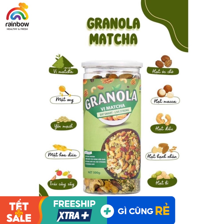Granola Matcha Siêu Hạt RAINBOW Ngũ Cốc Dinh Dưỡng Mix 5 Loại Trái Cây Sấy Nướng Giòn Mật Ong Thơm Ngon Hỗ Trợ Giảm Cân