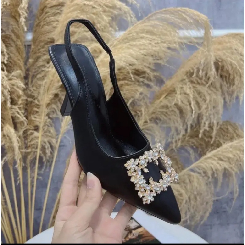 Giá Sốc - Giày cao gót mũi nhọn 7p đính đá , Giày cao gót bít mũi gót nhọn 7 phân khóa vuông kèm ảnh thật