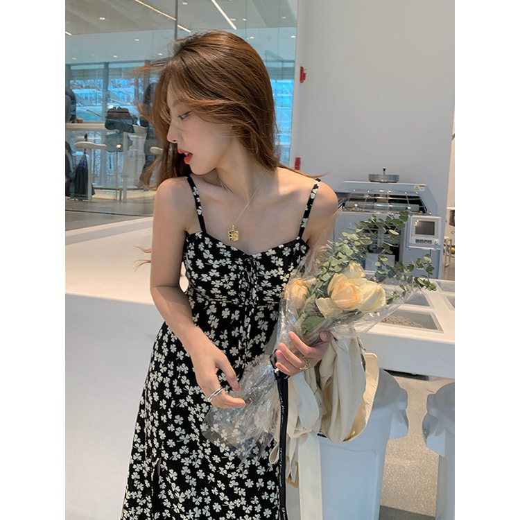 Đầm Voan Hai Dây Dáng Ôm In Hoa Xẻ Tà Thời Trang Xuân Hè Pháp Màu Đen