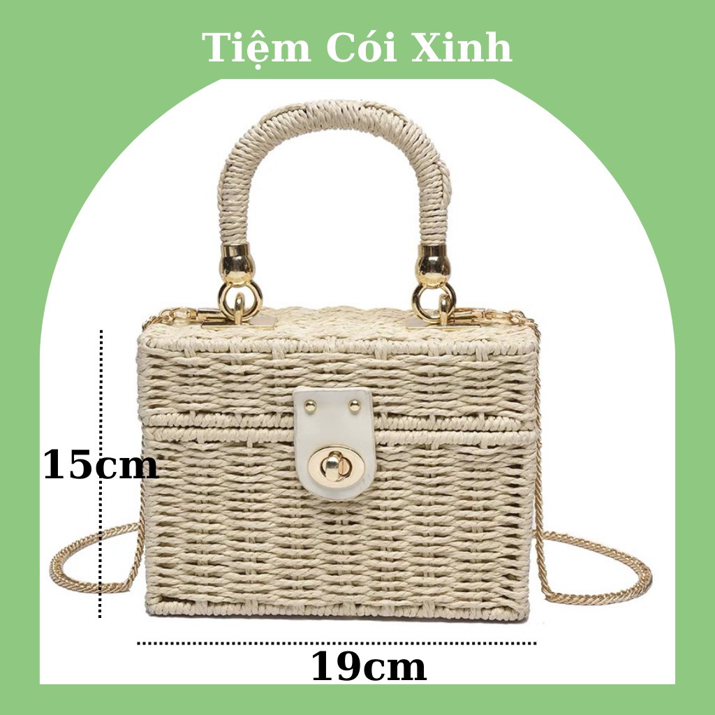 Túi hộp cói nhỏ dễ thương dây xích đeo chéo tháo rời