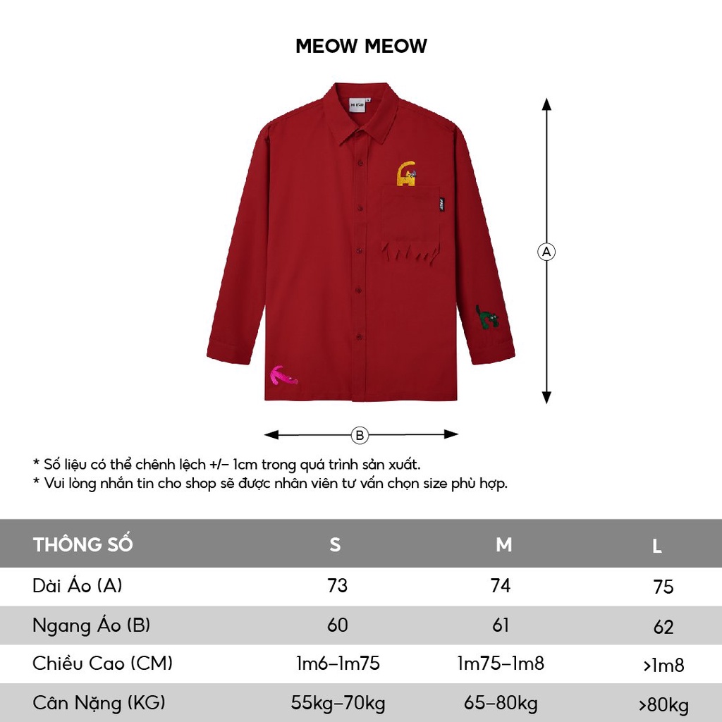 Áo sơ mi tay dài thêu hình mèo MEOW MEOW - HUGU  - Chất vải ford kate cao cấp thoáng mát - unisex