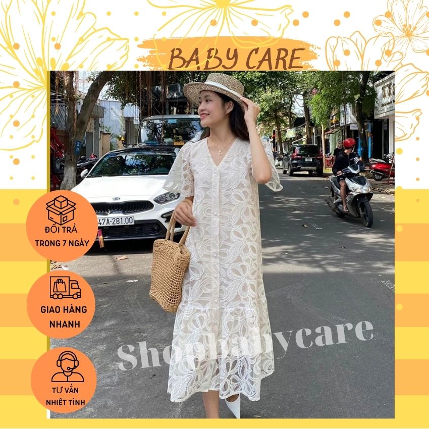 ĐẦM BẦU HOA NỔI REN CÚC NGỌC XINH XẮN- VÁY BẦU DÁNG XUÔNG ĐUÔI CÁ CAO CẤP 2 LỚP