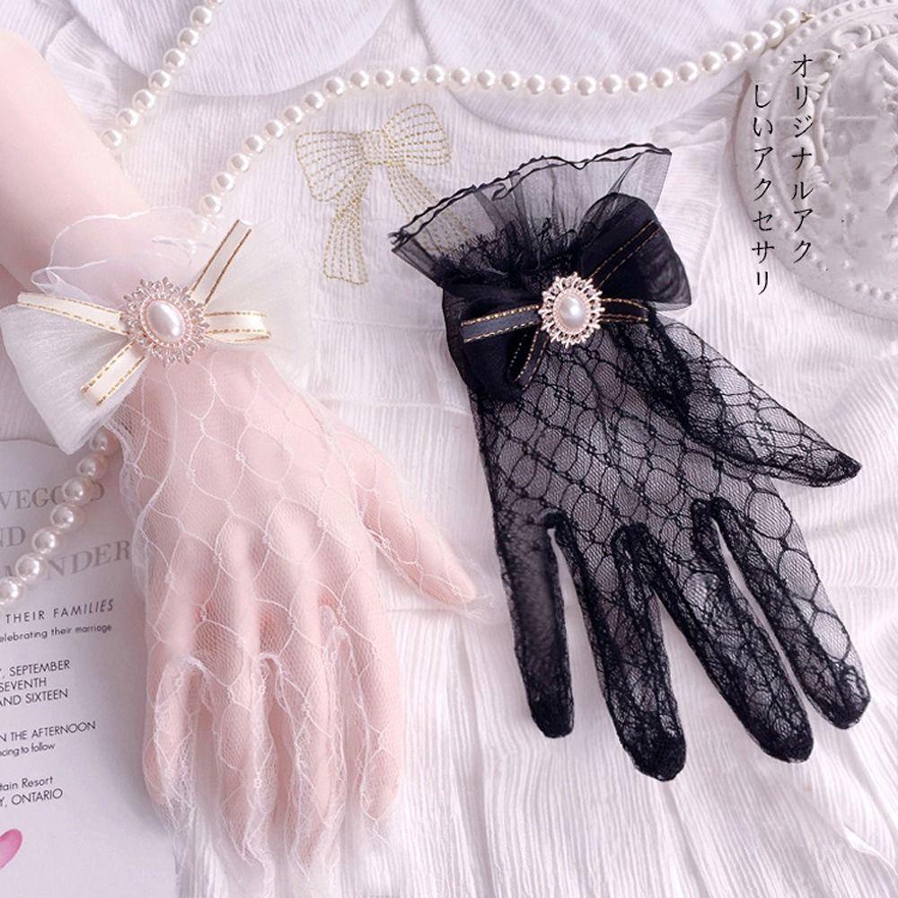 VANES1 Găng Tay Lưới Hở Ngón Đính Nơ Xinh Xắn Cho Nữ