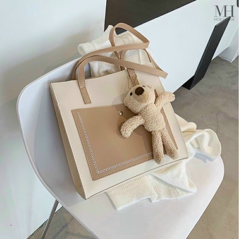 Túi tote da mềm đi làm việc, Túi văn phòng phong cách Korea tặng kèm móc treo gấu size 32