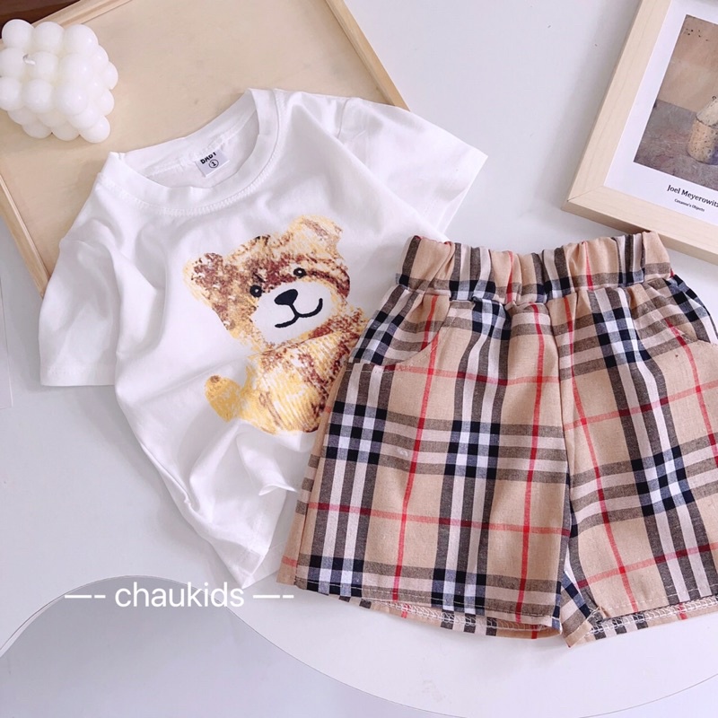 Đồ bộ bé trai bé gái cộc tay, set đồ bé trai bé gái áo thun quần caro