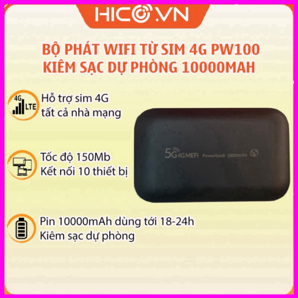 Bộ Phát Wifi 4G Poket PW100 Tốc Độ 150 Mbps Dung Lượng Pin 10000 mAh Kiêm Sạc Dự Phòng, Thiết Bị Phát Wifi Từ Sim