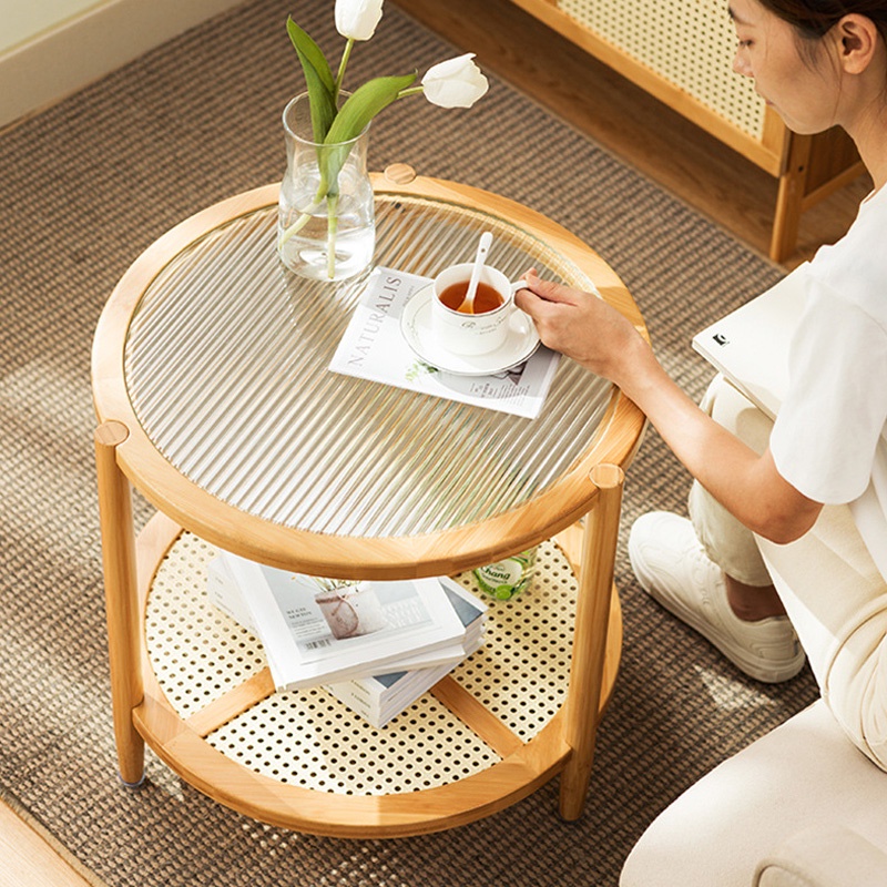 Bàn trà tròn 2 tầng mặt kính gỗ tre sang trọng, bàn cà phê ngồi ban công uống trà, bàn sofa NIKIATA