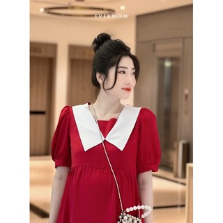 EVERMOM | Đầm đỏ phối cổ trắng