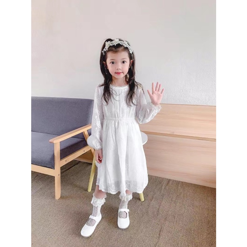 Váy đầm xoè ren trắng công chúa tiểu thư dài tay cho bé gái  N01357