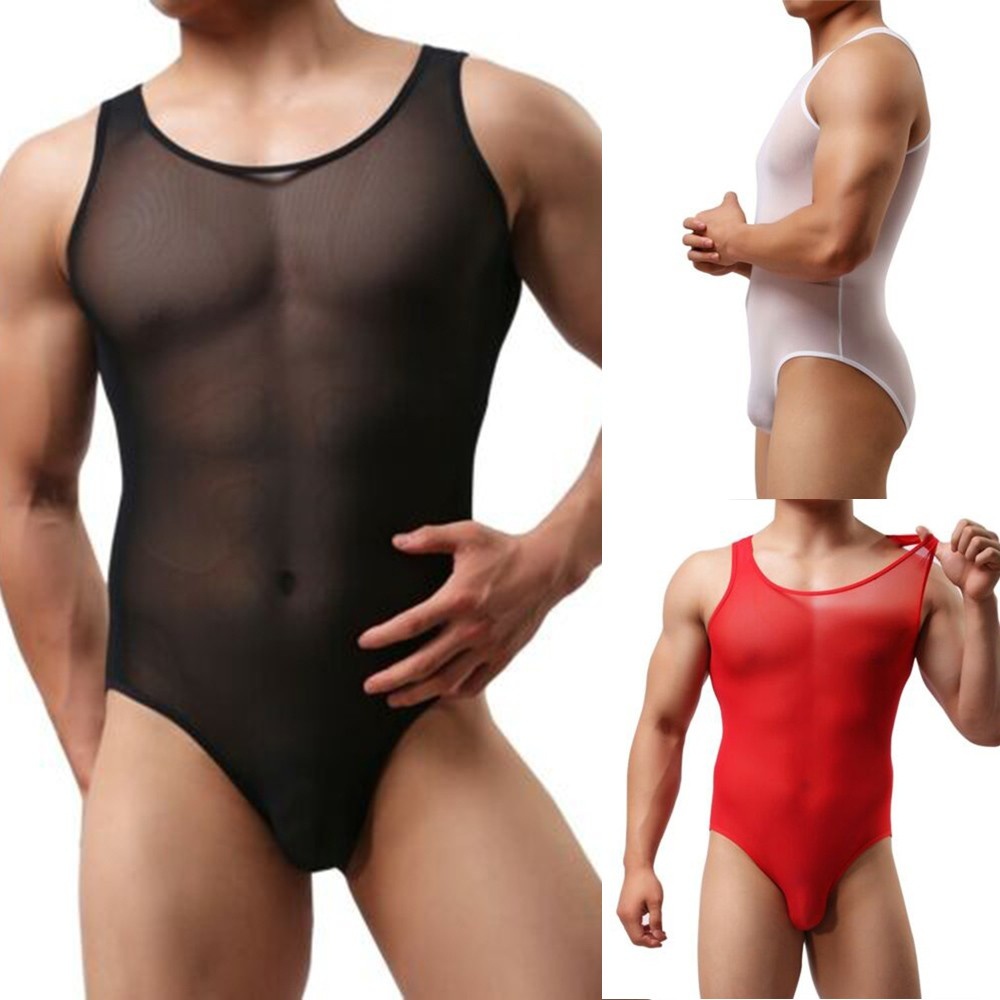 Men Leotard Black/White Bodysuit Sheer Sleeveless Jockstrap Bulge Pouch Brief Underwear