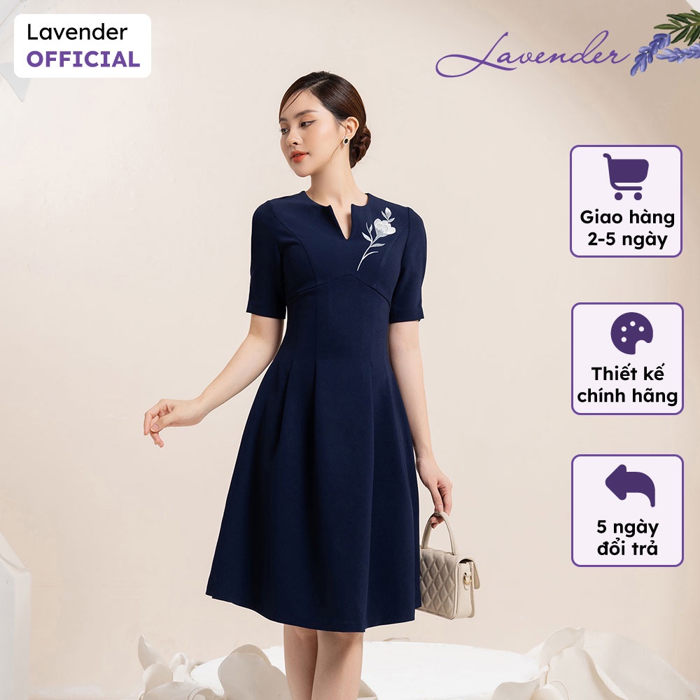 Đầm công sở thiết kế LAVENDER dáng xòe cổ xẻ V tím than thêu hoa D2761