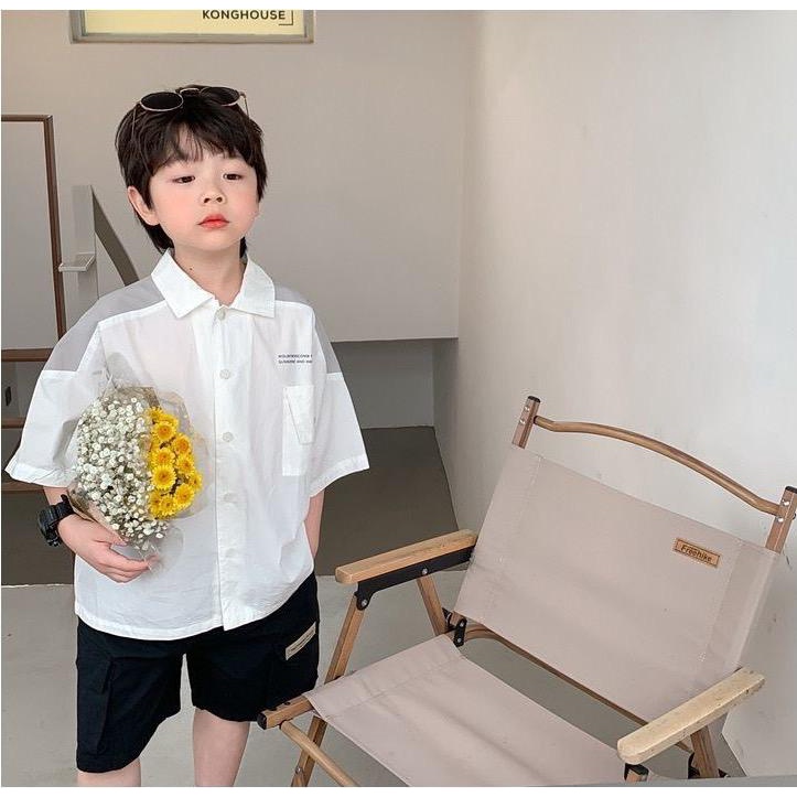 Áo sơ mi trắng bé trai AB502 sz 100-150 phối vai xám, sơ mi cổ bẻ thời trang hè năng động cho bé 2023
