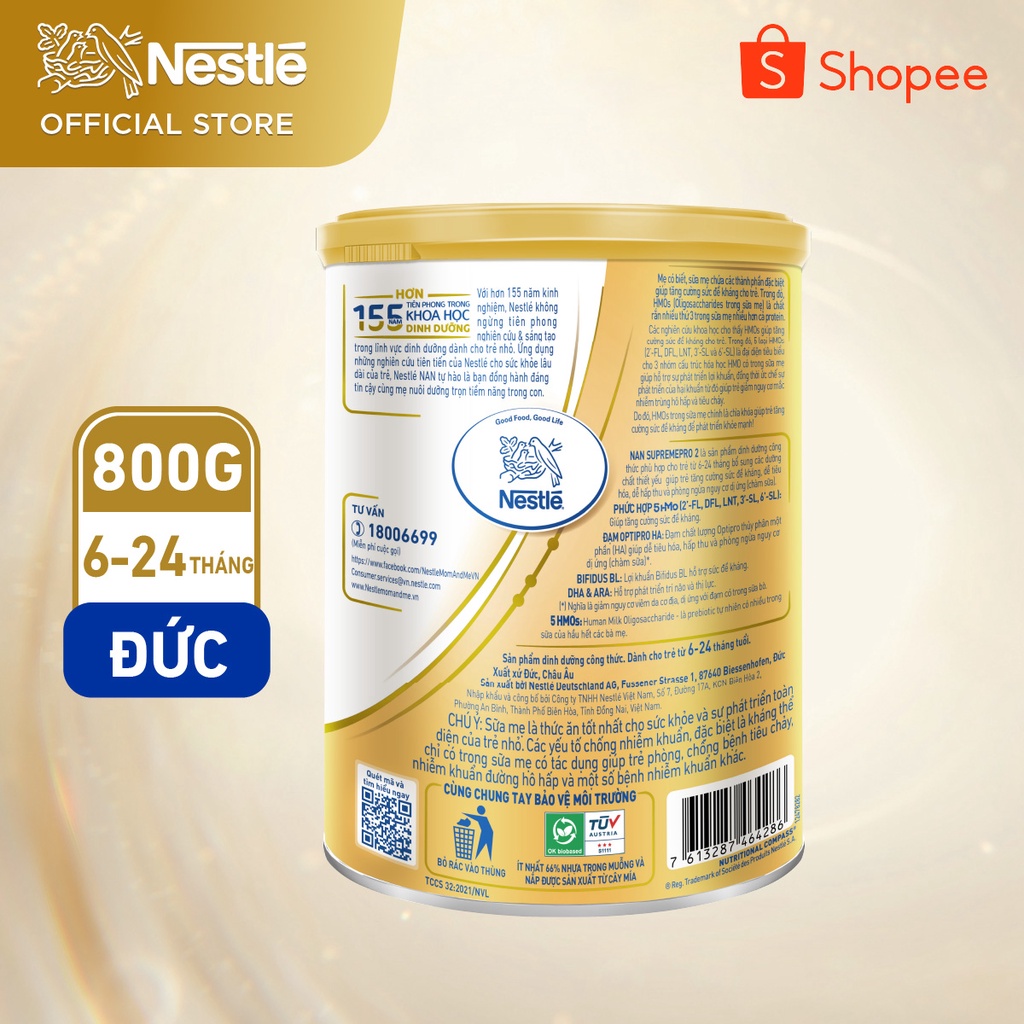 Sữa Bột Nestlé NAN SupremePro 2 lon 800g với 5HMO & đạm Gentle Optipro nhập khẩu nguyên lon từ Đức