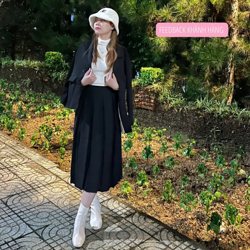 Chân váy Midi xòe dáng dài xếp ly to có BIGSIZE đi làm đi chơi đi học xinh chất tuyết mưa dày dặn, co giãn nhẹ mã 084