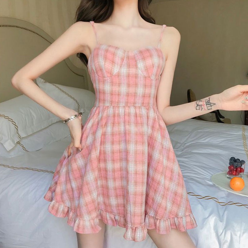 Aphrod Đầm Hai Dây Hở Lưng Họa Tiết Sọc Caro Màu Hồng Thời Trang Cho Nữ