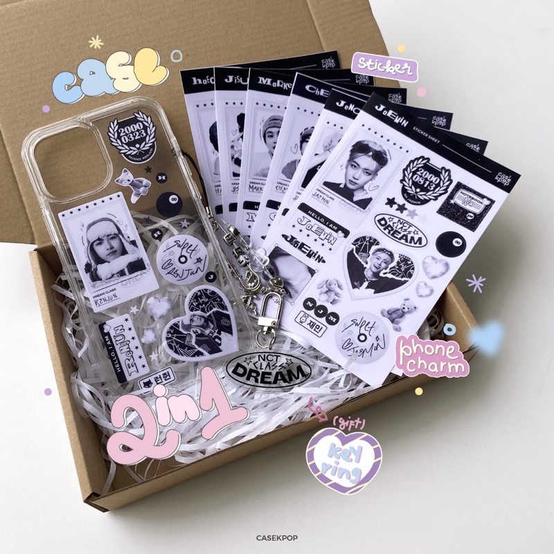Set ốp trang trí sticker NCT DREAM Old School và dây treo điện thoại, tặng kèm móc khoá