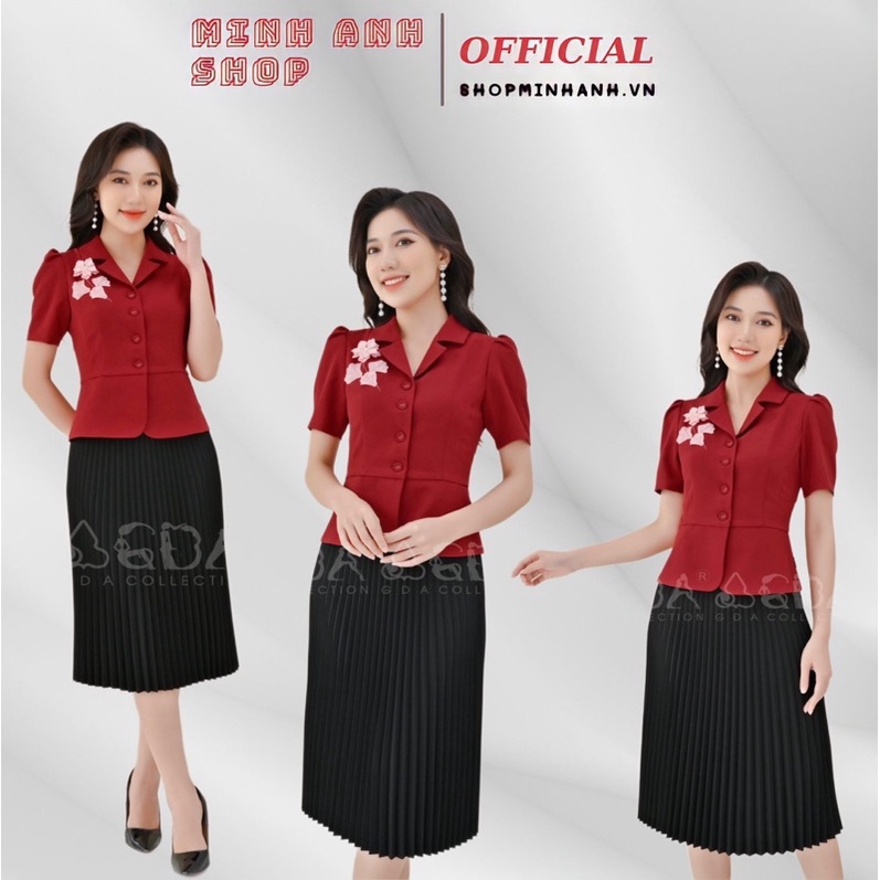 Set áo vest ký giả đỏ và chân váy xếp ly công sở thiết kế GDA Collection xước hàn, bộ áo vest + chân váy đẹp