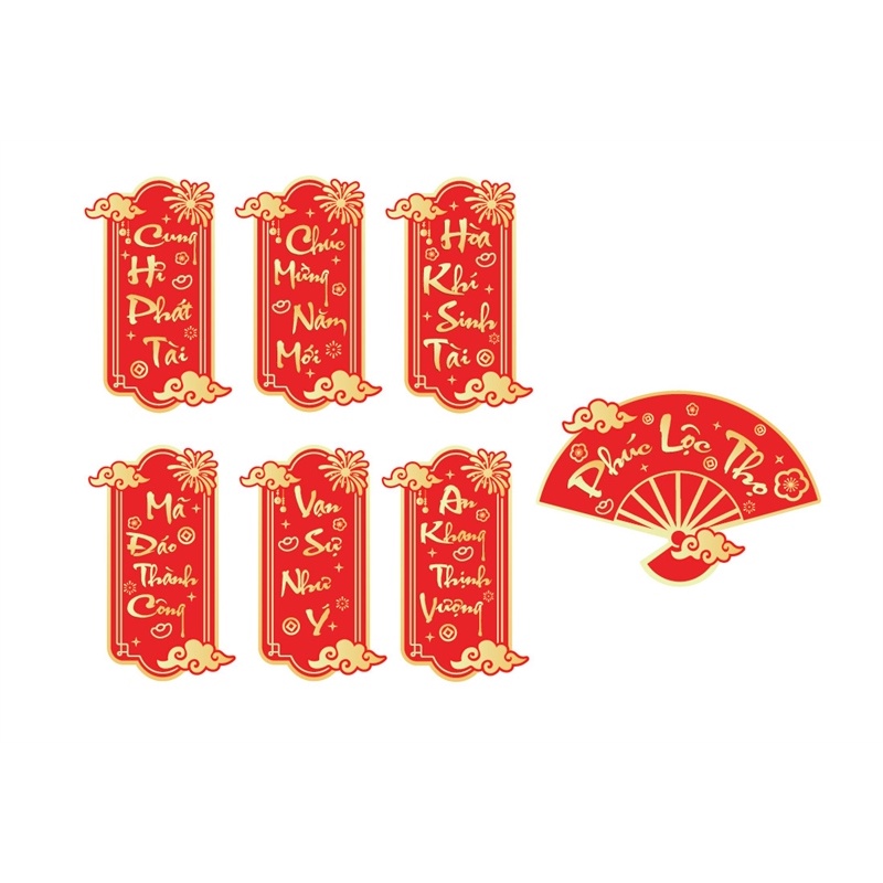 SP070009 - Bộ que giấy trang trí bánh TẾT 7 tag câu đối tết túi 2 set