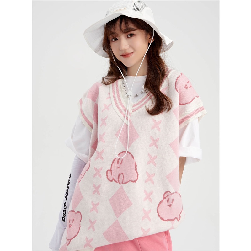 Set Áo Thun Tay Ngắn + Áo Khoác Ghi Lê Dệt Kim Dáng Rộng Họa Tiết Ngôi Sao Kirby Jacquard Dễ Phối Đồ Cho Nữ