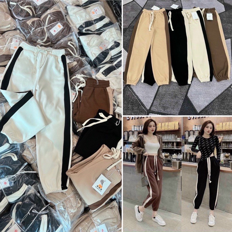 Quần Thể Thao Nữ Chất Nhung Tăm Kẻ Viền Năng Động Unisex Đơn Giản Dễ Phối Đồ