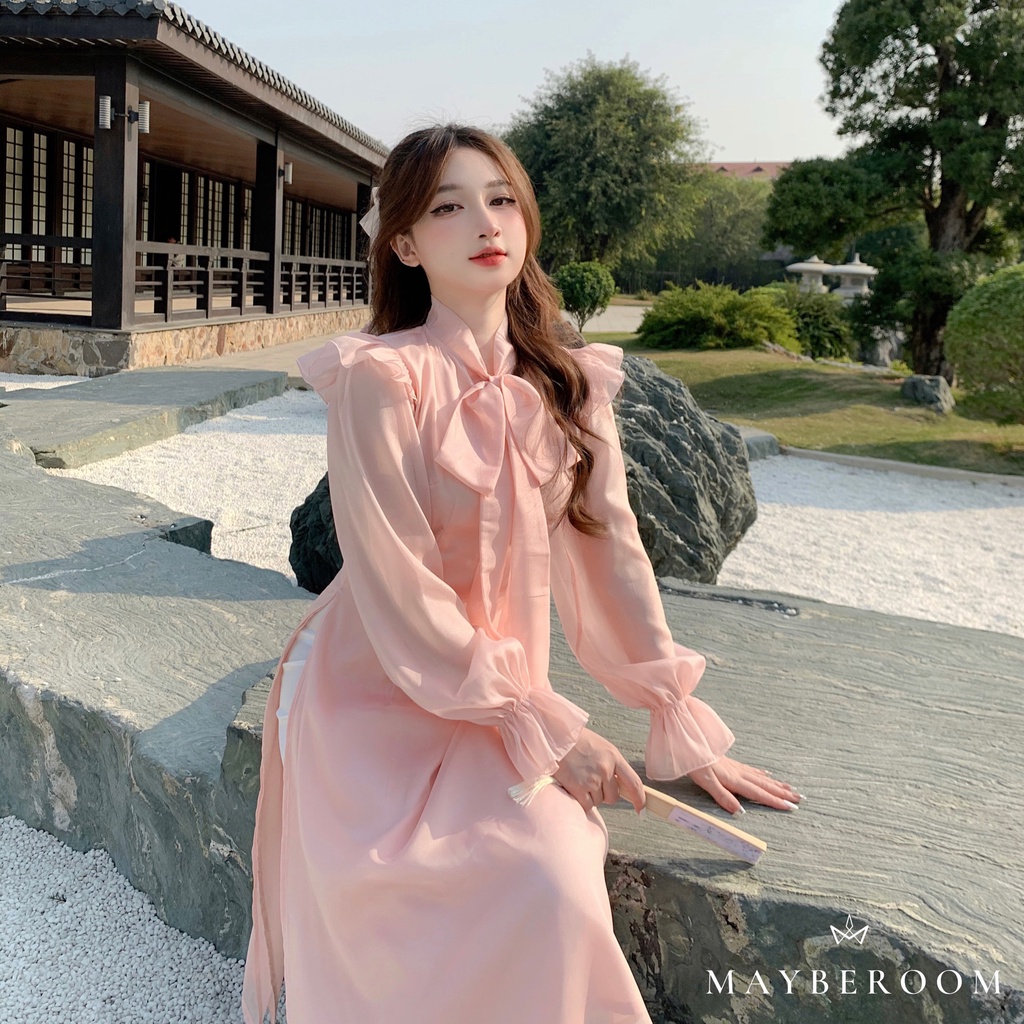 Set áo dài voan hồng pastel tiểu thư nơ buộc mix quần lụa trắng dài Áo dài Giai Kỳ Mayberoom