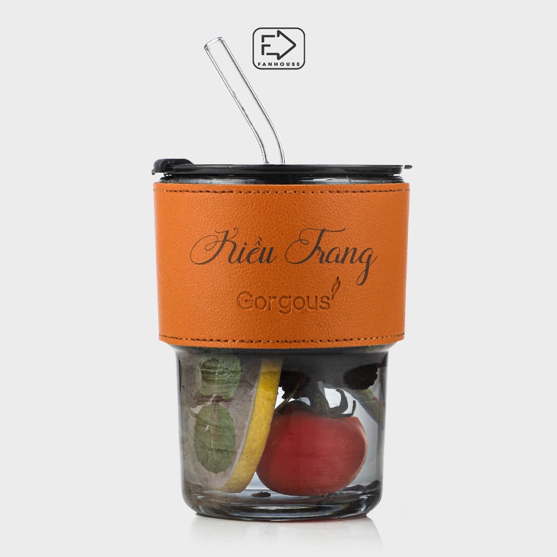 Cốc thủy tinh Fan House dung tích 450ml,bình khắc tên theo yêu cầu, tặng kèm sticker và cọ rửa