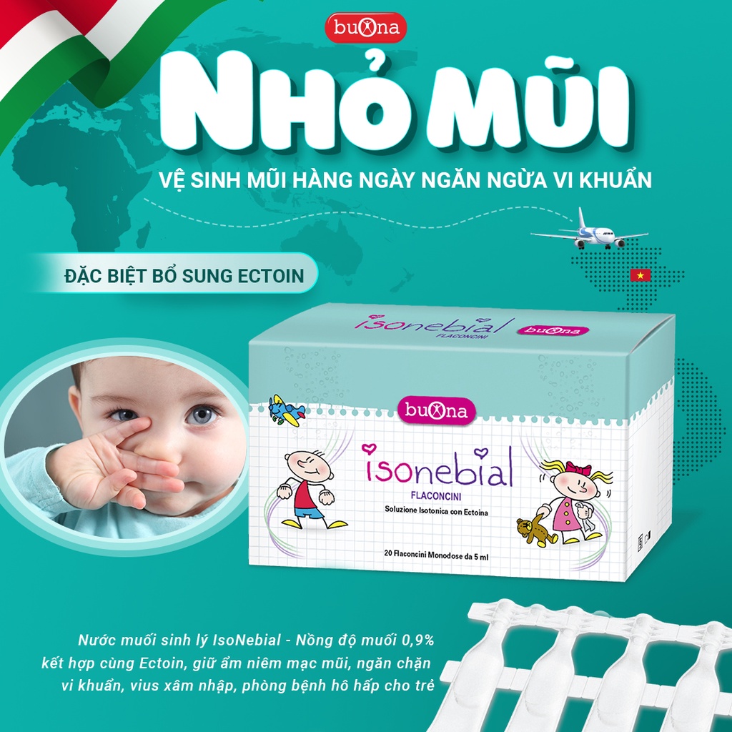 Buona IsoNebial/ Buona Nebianax Iso - Dung Dịch Rửa Mũi Cho Bé Chứa Ectoin - Hộp 20 ống 5ml, Không Chứa Chất Bảo Quản.