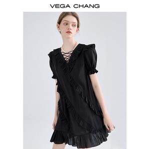 Váy ngắn tay phồng màu đen thiết kế mới xuân hè 2023 váy hàng ngày váy đi chơi J9
